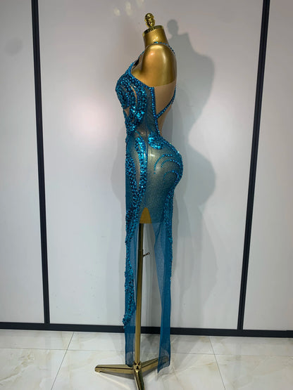 Blue Rhinestone Sequins Mesh Maxi Dress