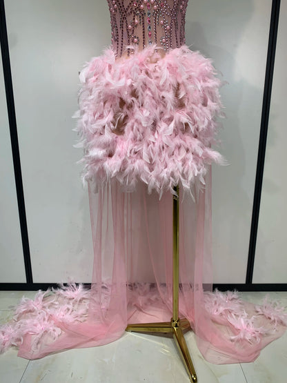 Pink Feather Mesh Maxi Dress