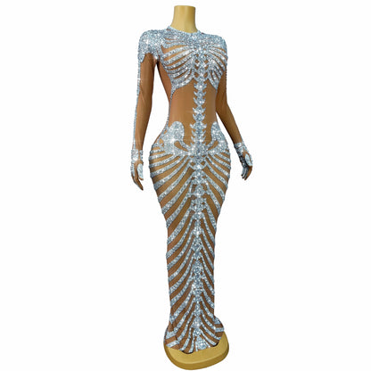 Skeleton Rhinestone Mesh Maxi Dress
