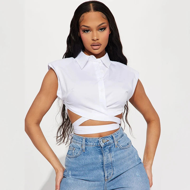 Crossed Polo Collar Crop Top