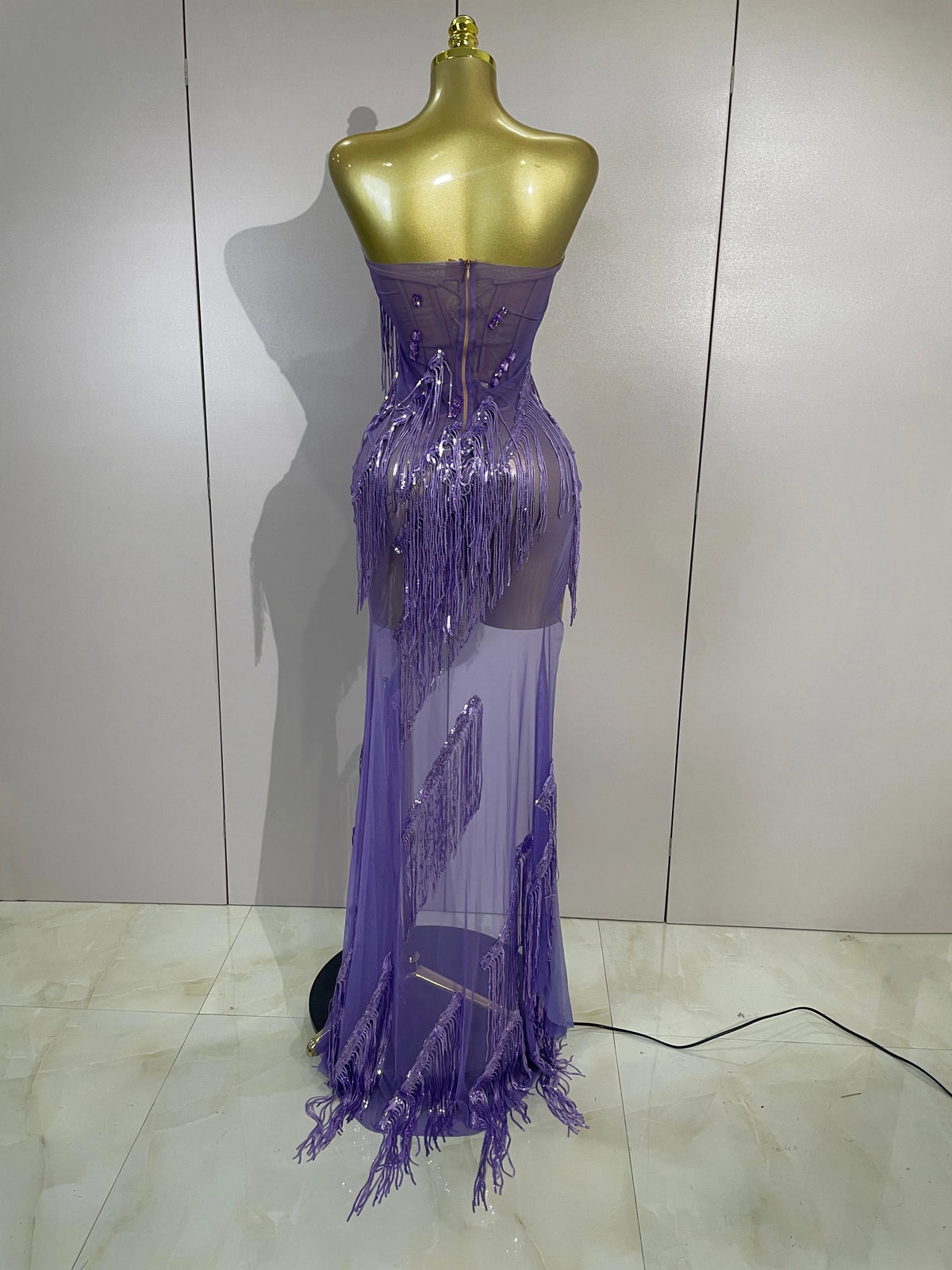 Purple Tassel Mesh Maxi Dress