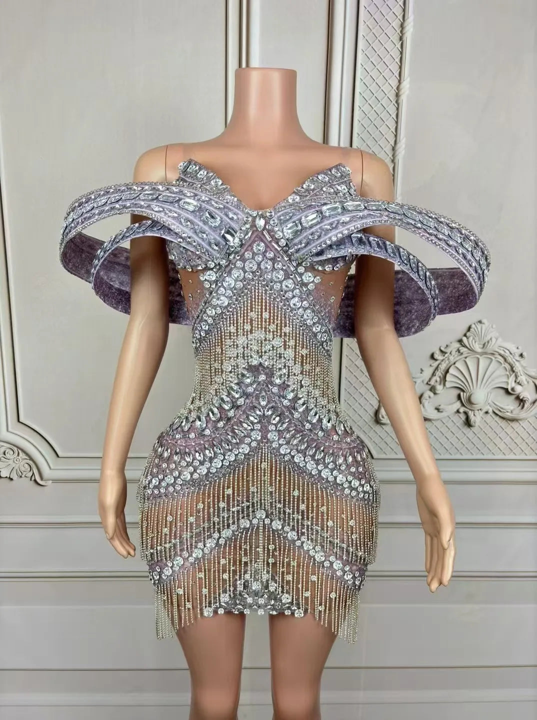 Grandiose Rhinestone Mesh Mini Dress