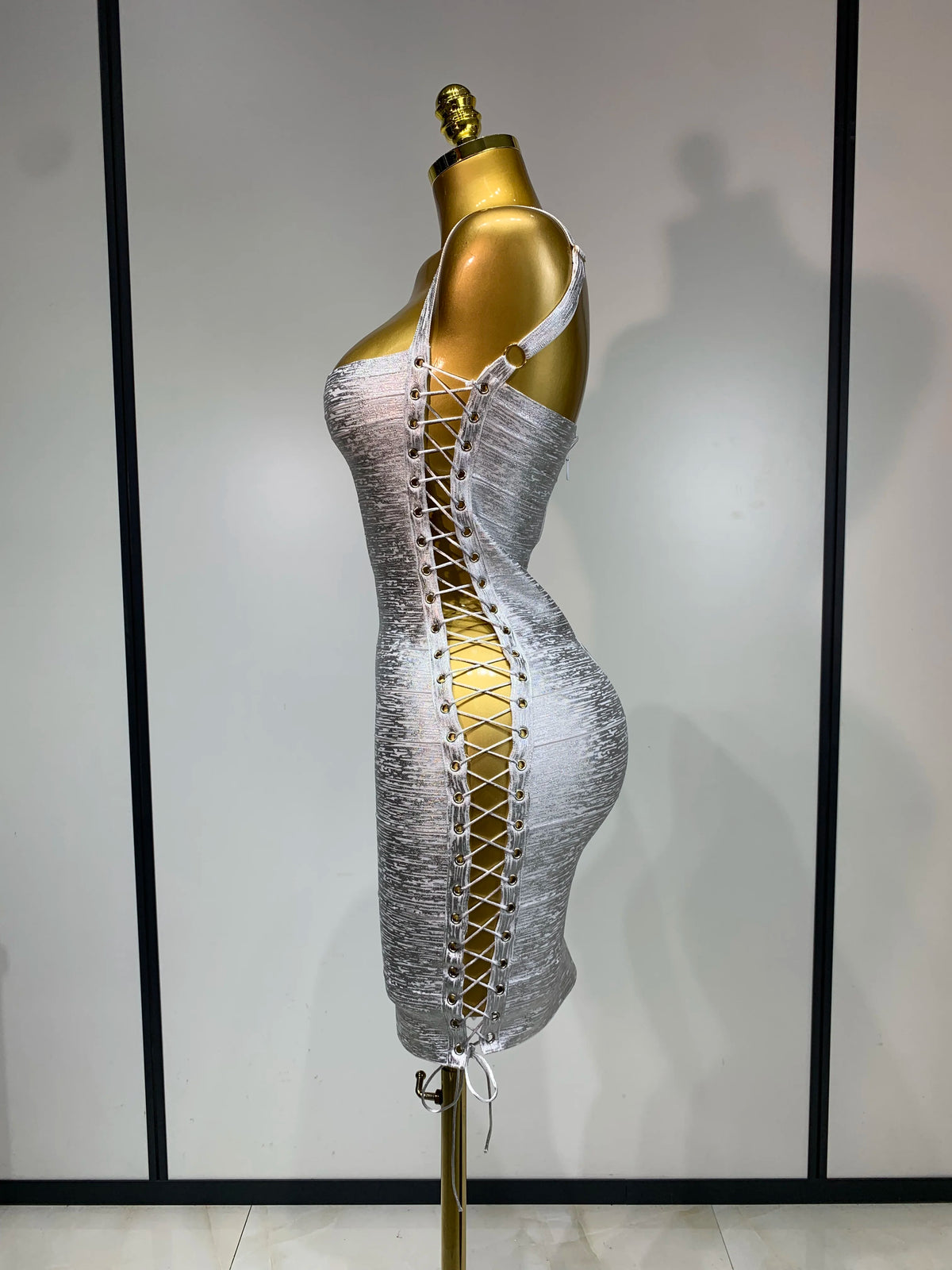 Metallic Side Lace Up Bandage Mini Dress