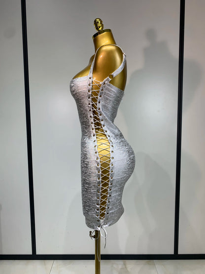 Metallic Side Lace Up Bandage Mini Dress