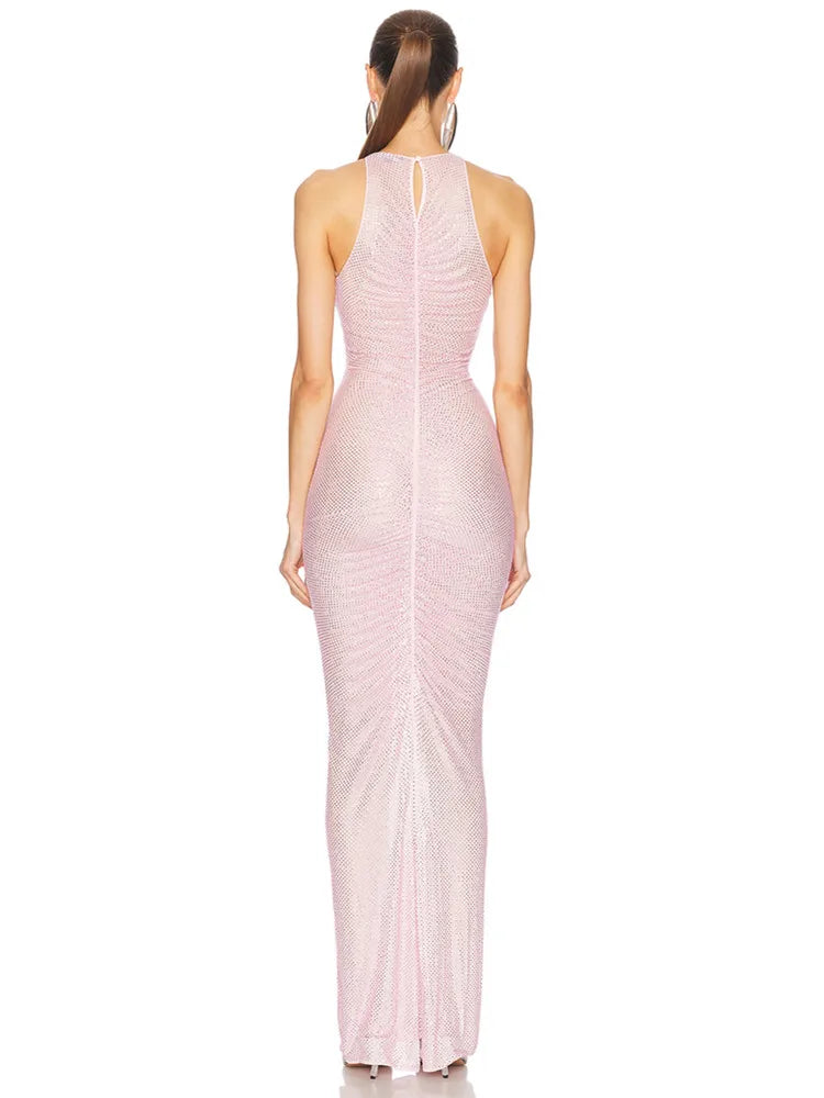 Pink Embellished Ruched Maxi Dress