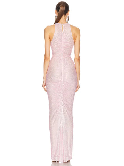 Pink Embellished Ruched Maxi Dress