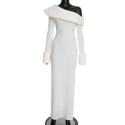 Fur Collar Off One Shoulder Bodycon Dress