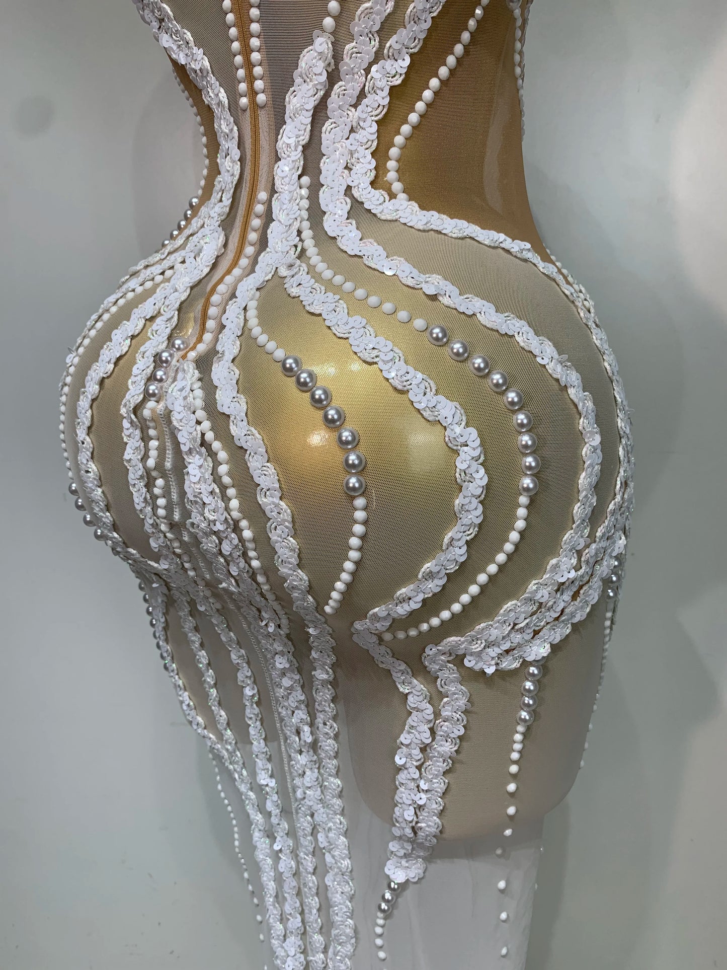 Pearl Sequined Mesh Maxi Dress