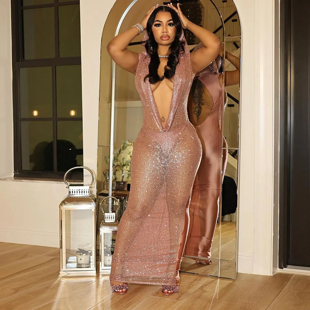 Hooded Headscarf Sequined Maxi Dress