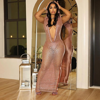 Hooded Headscarf Sequined Maxi Dress