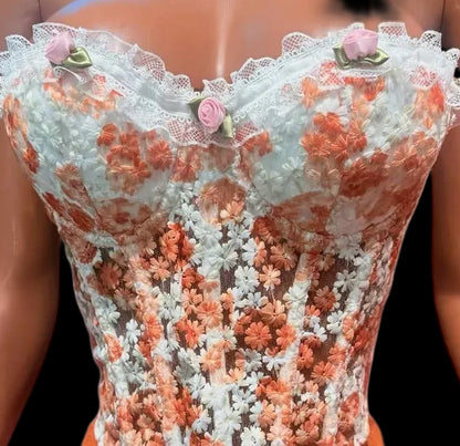 Floral Embroidery Corset Skirt Set