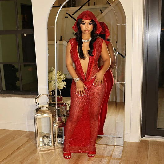 Hooded Headscarf Sequined Maxi Dress