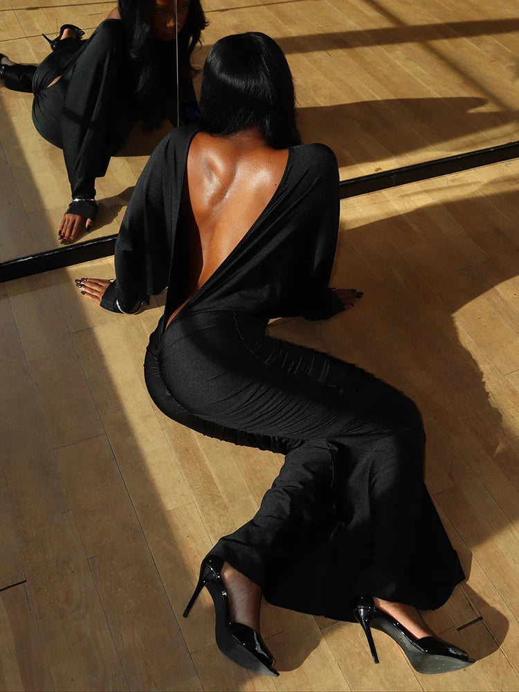 Deep-V Backless Ruched Maxi Dress