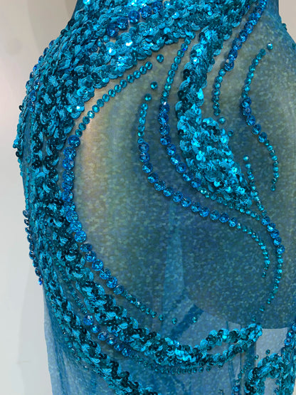 Blue Rhinestone Sequins Mesh Maxi Dress