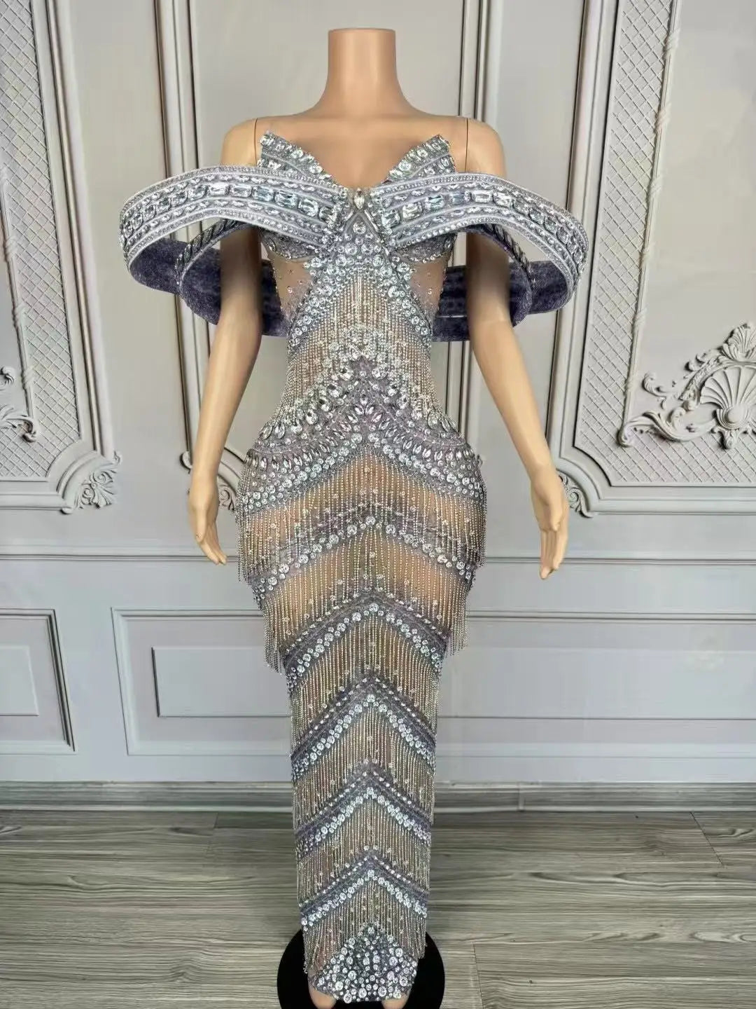 Grandiose Rhinestone Mesh Maxi Dress