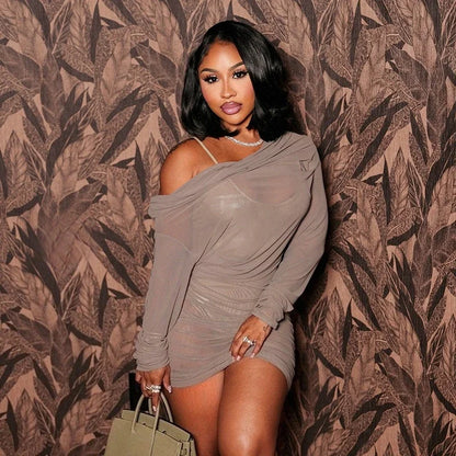 Off Shoulder Mesh Sheer Mini Dress
