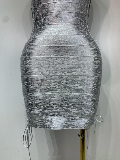 Metallic Side Lace Up Bandage Mini Dress
