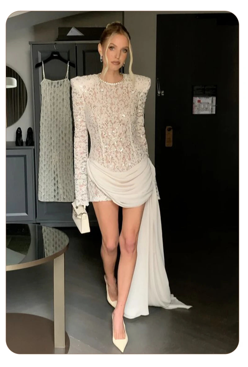 Opulent White Sequins Mini Dress