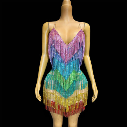 Blingbling Rainbow Tassel Fringe Mini Dress