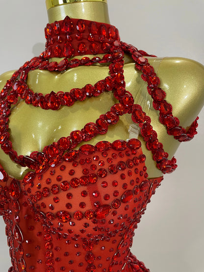 Red Rhinestone Mesh Bodysuit