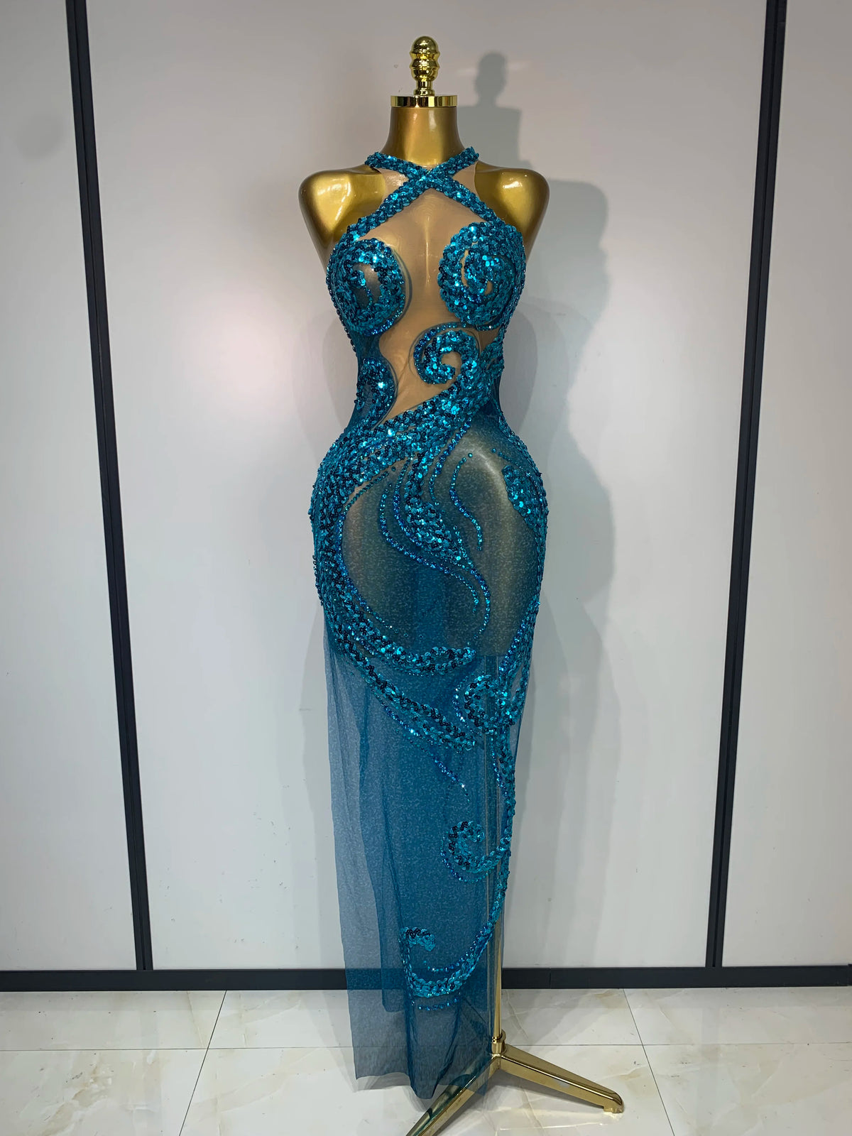 Blue Rhinestone Sequins Mesh Maxi Dress