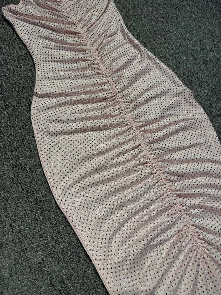 Pink Embellished Ruched Maxi Dress