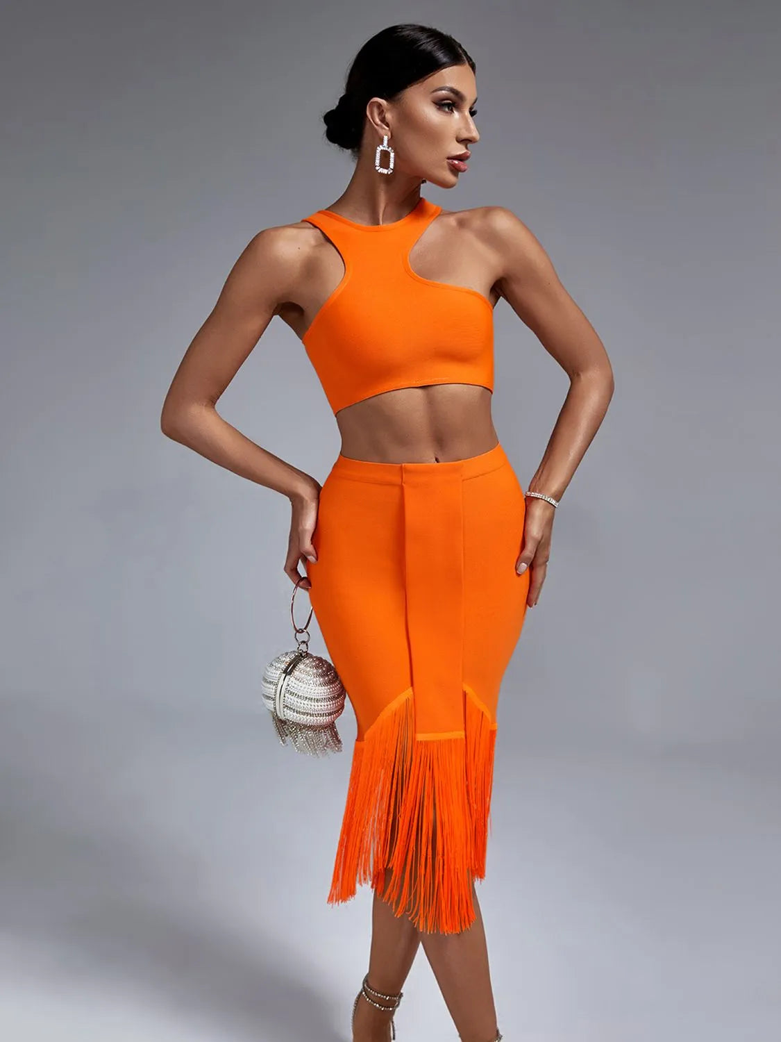 Orange Fringed Bandage Skirt Set