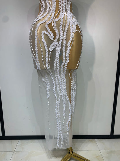 Pearl Sequined Mesh Maxi Dress