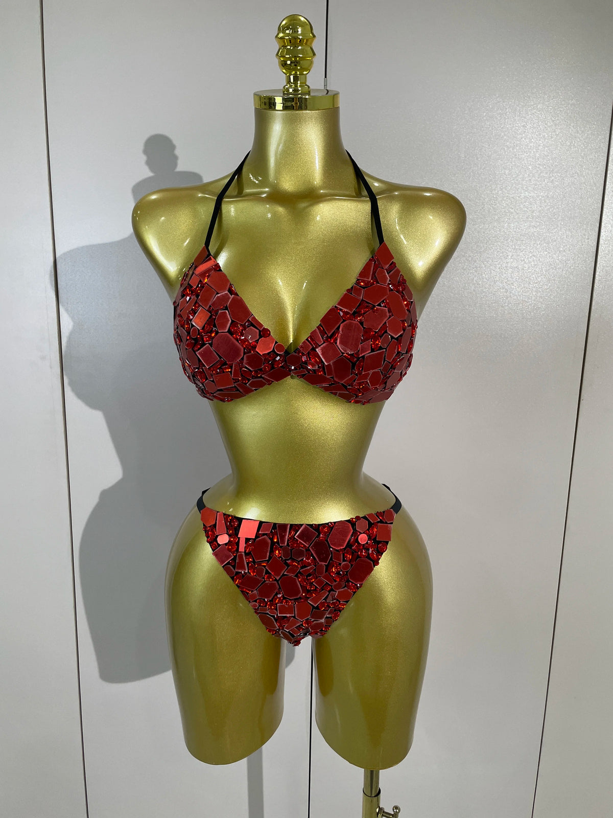 Red Mirror Bikini Mesh Skirt Set