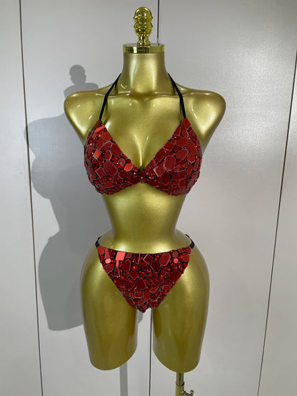 Red Mirror Bikini Mesh Skirt Set
