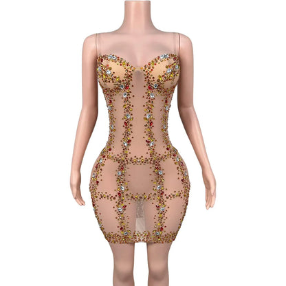 Jazzy Rhinestone Mesh Mini Dress
