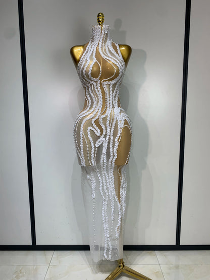 Pearl Sequined Mesh Maxi Dress