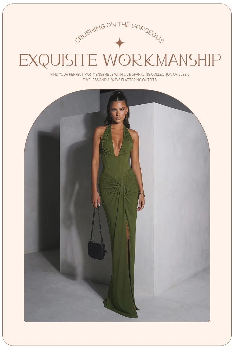 Olive Green Corset Ruched Maxi Dress
