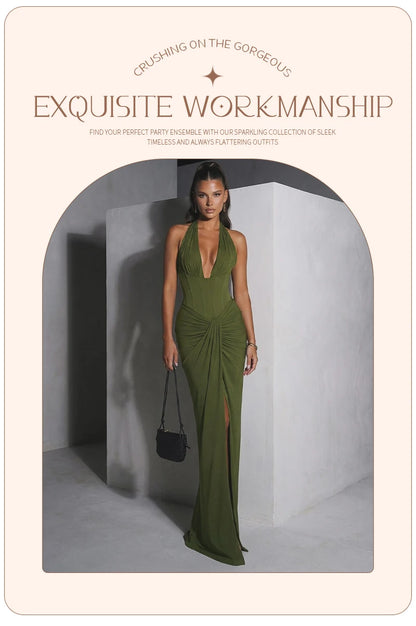 Olive Green Corset Ruched Maxi Dress