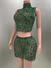 Rhinestone Green Mini Skirt Set
