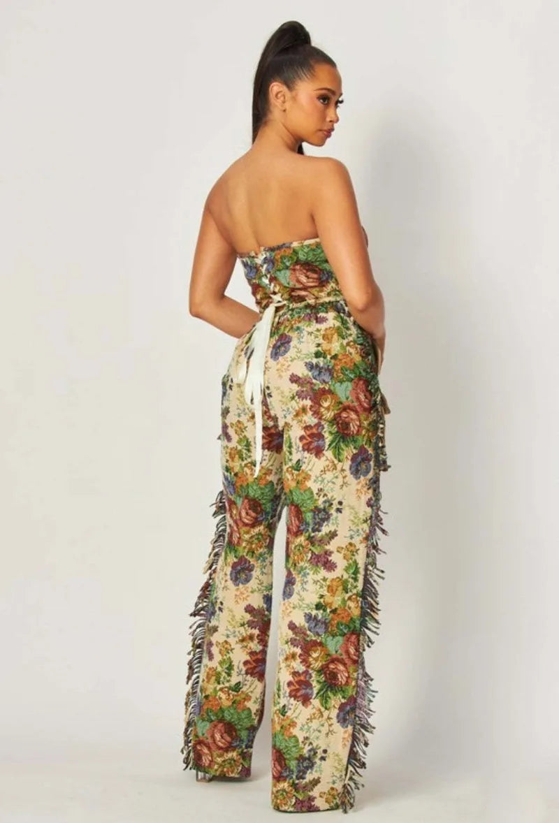 Floral Jacquard Fringed Pants Set