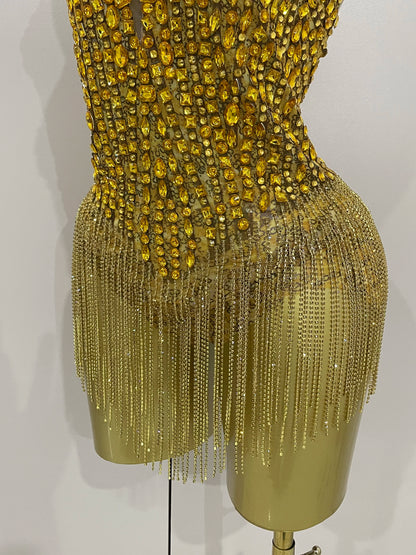 Golden Rhinestone Mesh Bodysuit