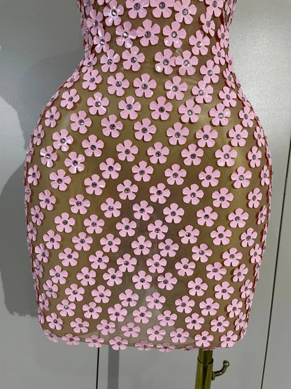 Pink Flower Sequin Mesh Dress