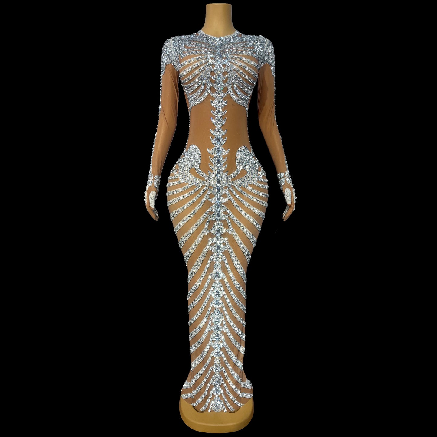 Skeleton Rhinestone Mesh Maxi Dress