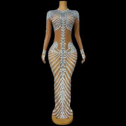 Skeleton Rhinestone Mesh Maxi Dress