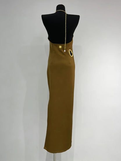 Gold Trim Cutout Knit Maxi Dress