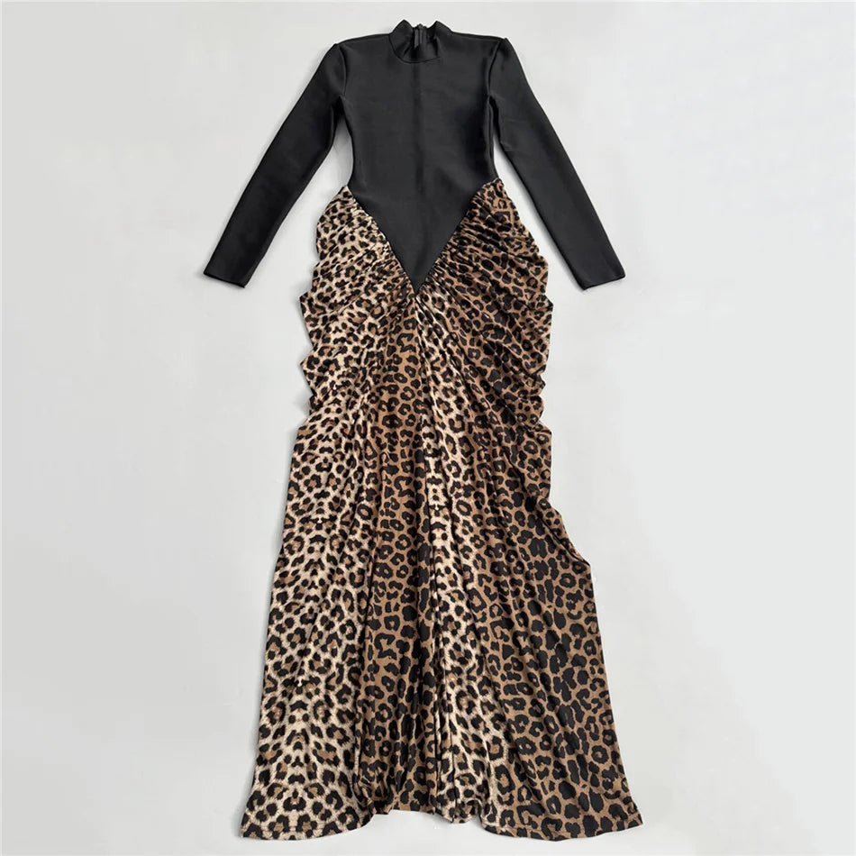 Leopard Pleated Bandage Maxi Dress