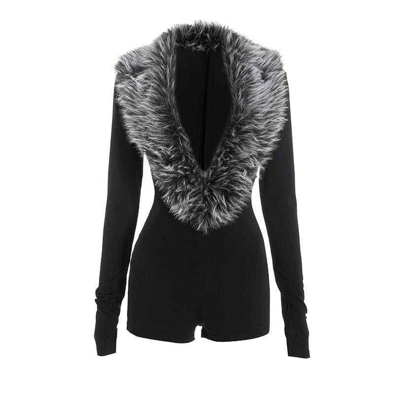Luxe Fur Deep V-Collar Romper