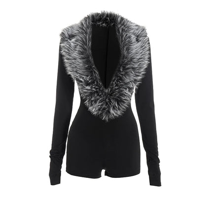 Luxe Fur Deep V-Collar Romper