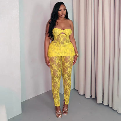 Lacey Yellow Mesh Pants Set