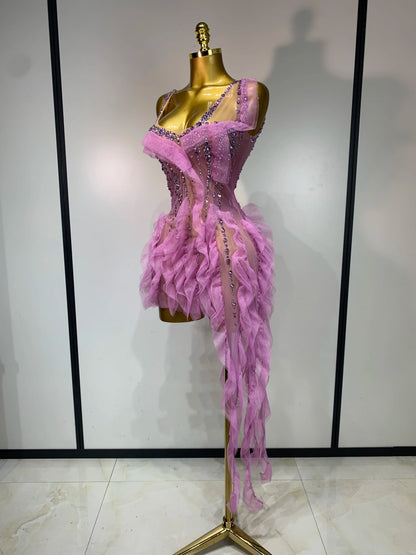 Mona Rhinestone Tassel Sheer Mini Dress