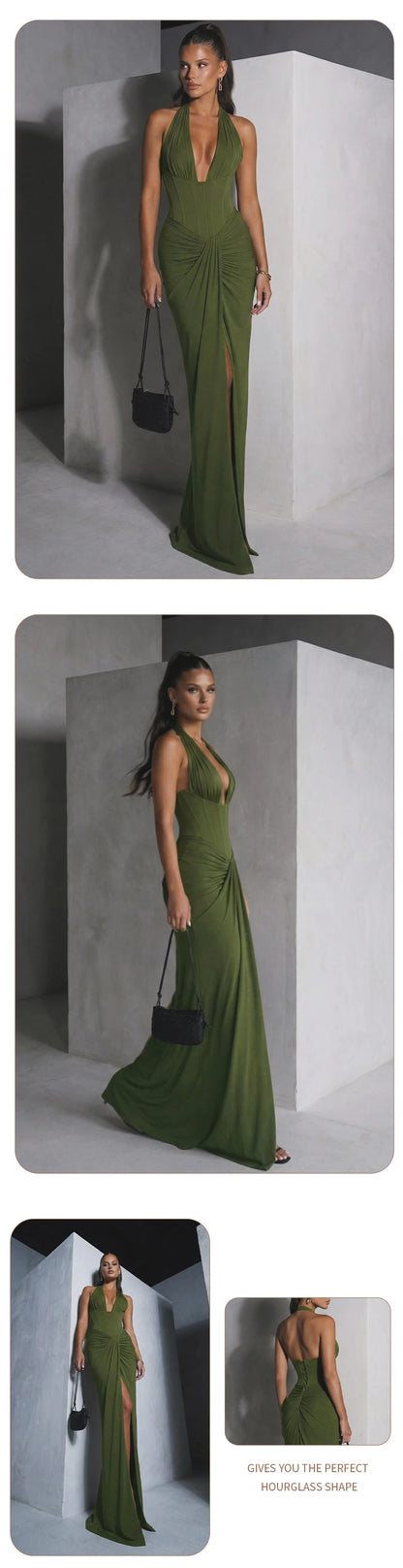 Olive Green Corset Ruched Maxi Dress