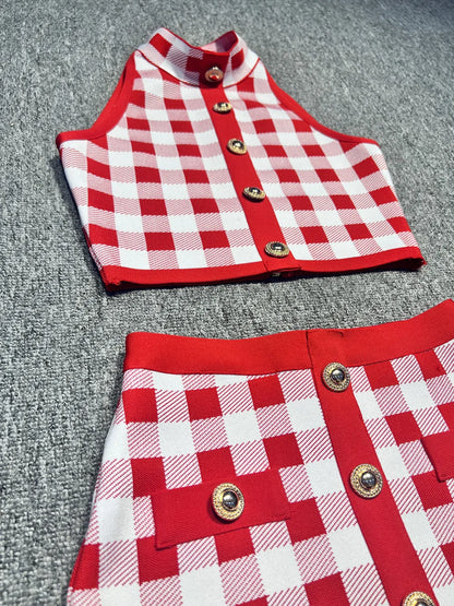 She Plaid Bandage Skirt Set