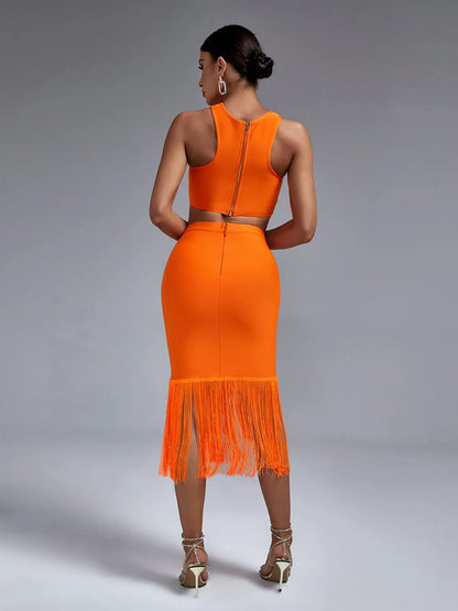 Orange Fringed Bandage Skirt Set