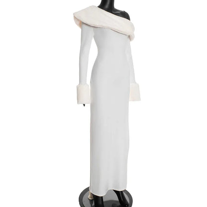 Fur Collar Off One Shoulder Bodycon Dress